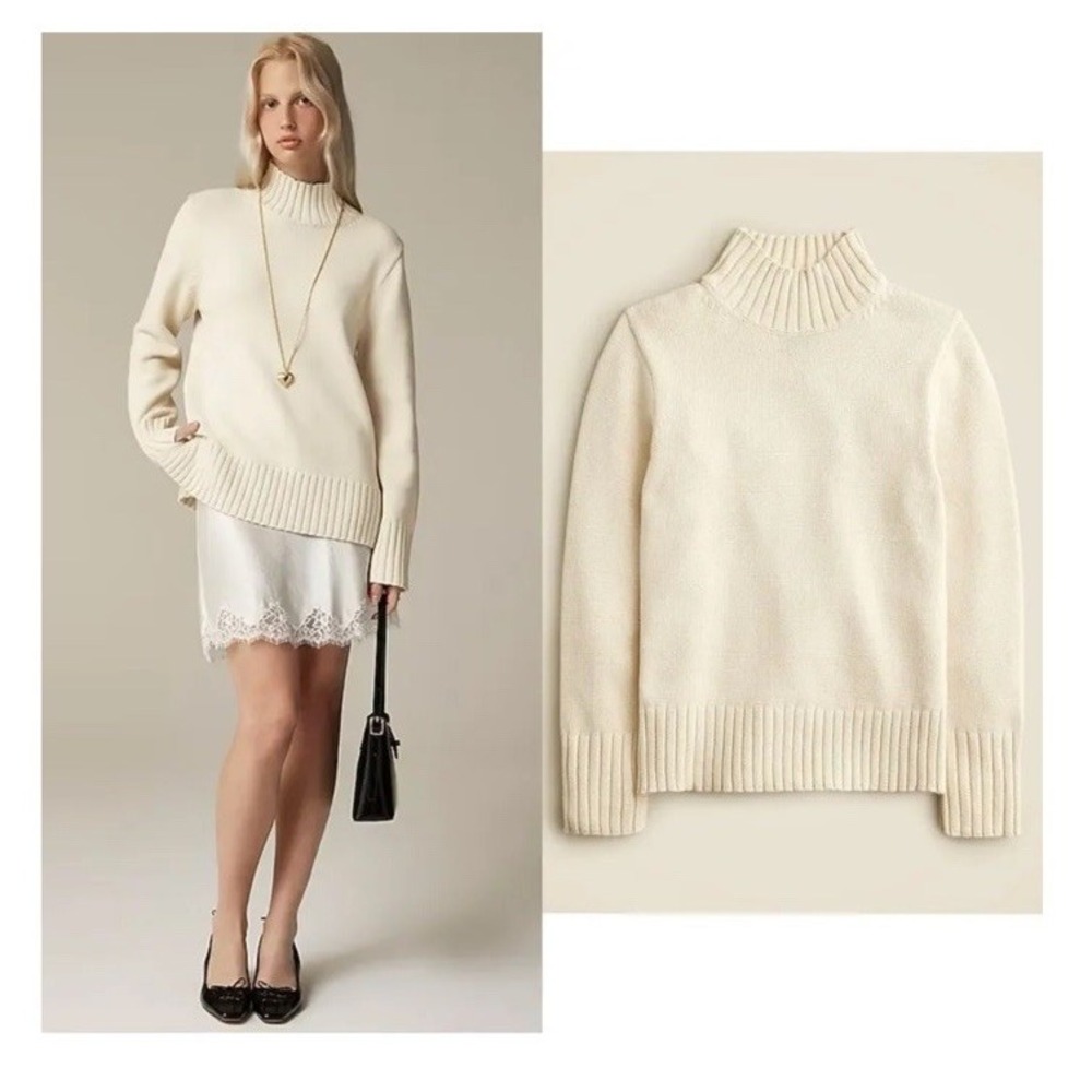 J. Crew Turtleneck Sweater Womens M Relaxed Fit Cotton‎ Thick Knit Ivory Preppy